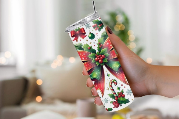 Festlicher Thermobecher, gehalten in einer Hand, mit weihnachtlichem Motiv aus roter Schleife, Stechpalmenblättern, Beeren und Zuckerstange, 590 ml, in einer gemütlich dekorierten Umgebung.